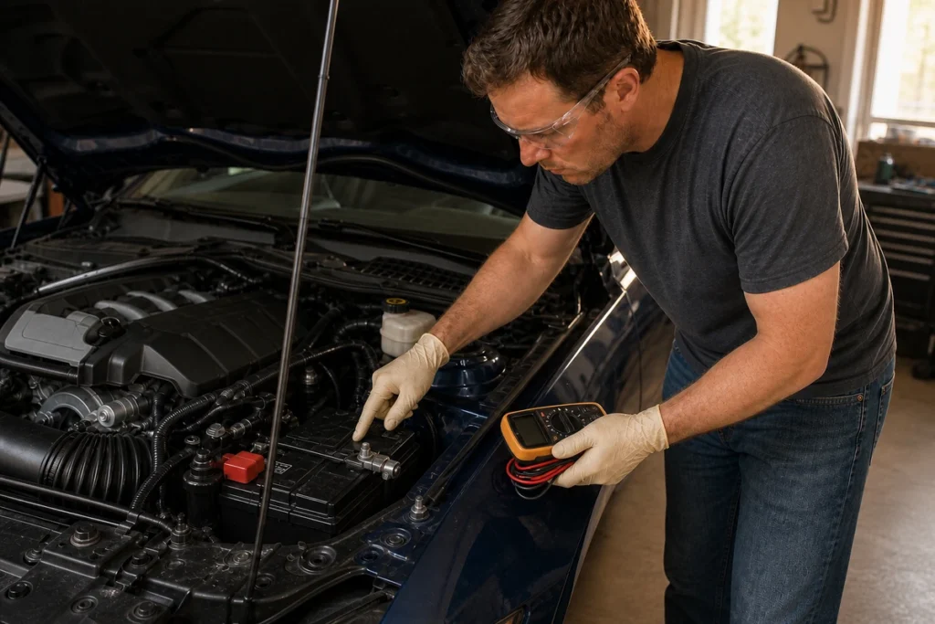 Mustang owner inspecting the secured 12-volt battery after storage with a powered-off multimeter