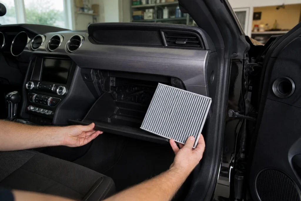 Mustang owner supporting the lowered glovebox while checking one pleated cabin air filter above the passenger footwell