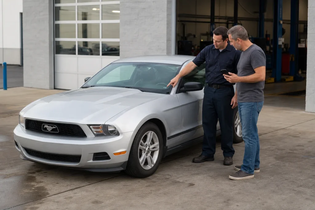Mustang owner and service advisor confirming the VIN before a recall check